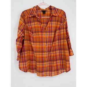 Lane Bryant Womens Orange Plaid Cotton Roll Tab Sleeve Smocked Back Top Sz 18/20
